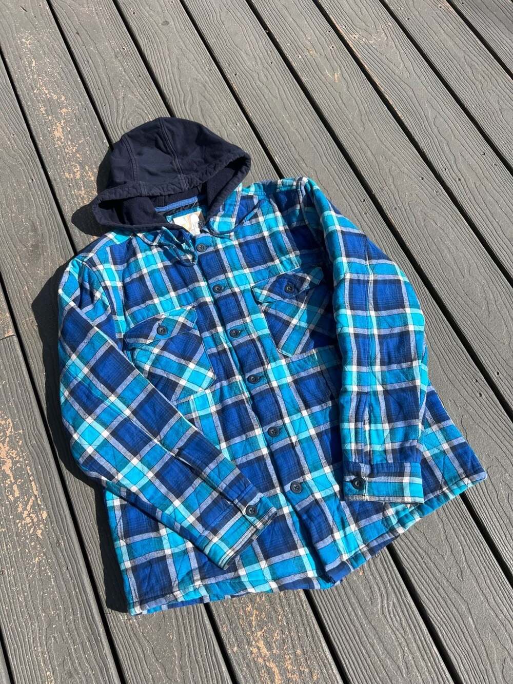 OP Ocean Pacific Men's Quilted Lined Plaid Flannel Shirt Jacket with Hood